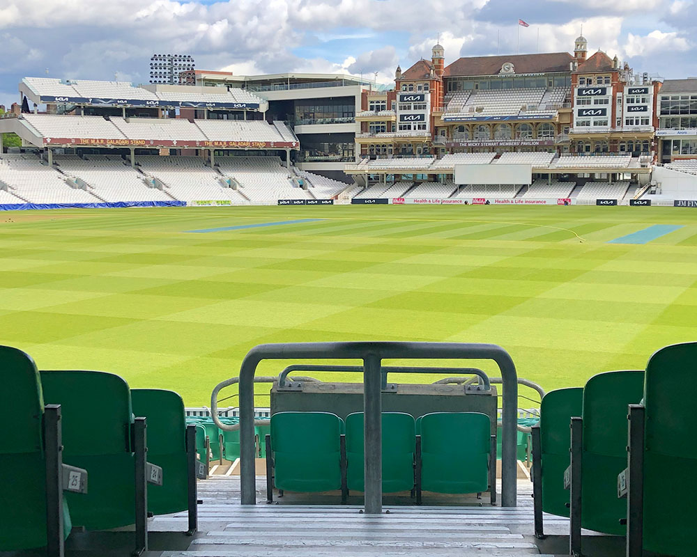 London's Kia Oval, home of Surrey County Cricket Club. View of the pitch.
