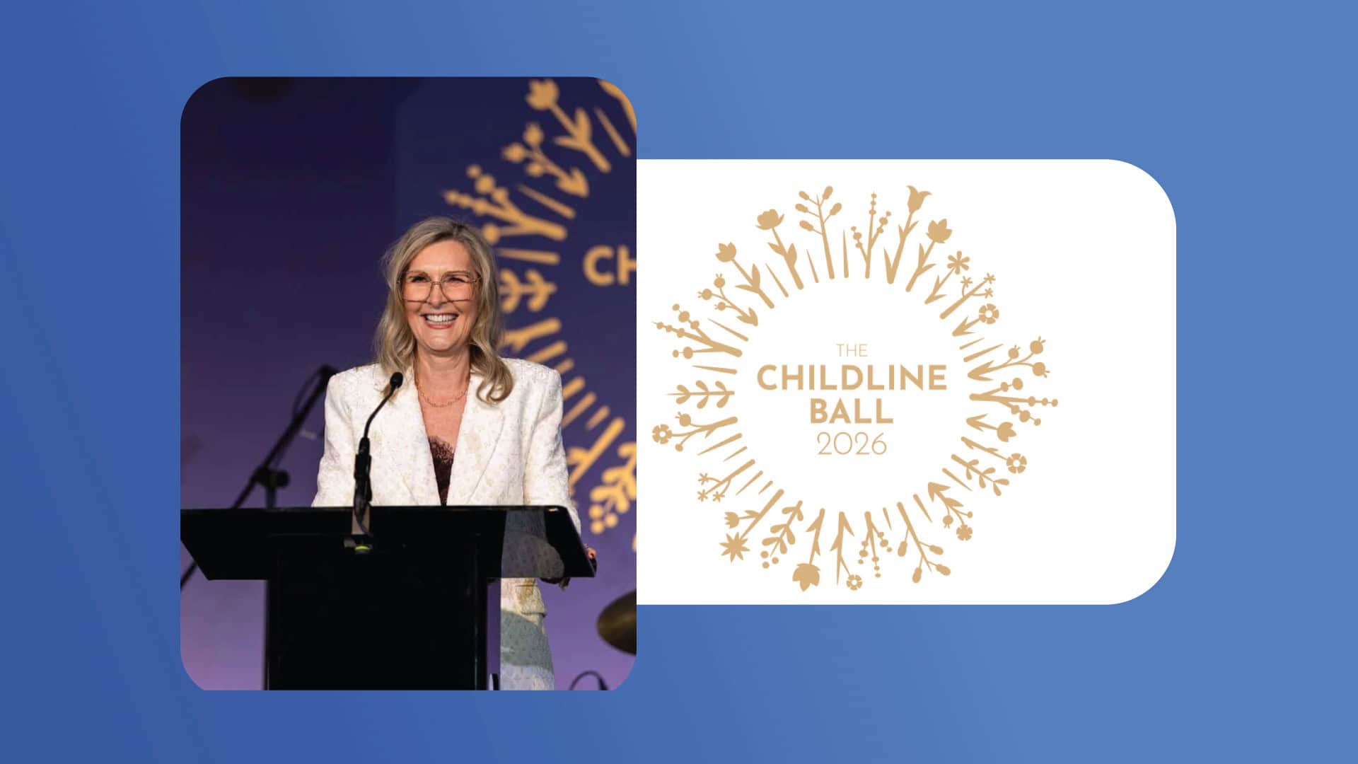 Woman speaking at Childline Ball 2026, charity event for children's welfare.