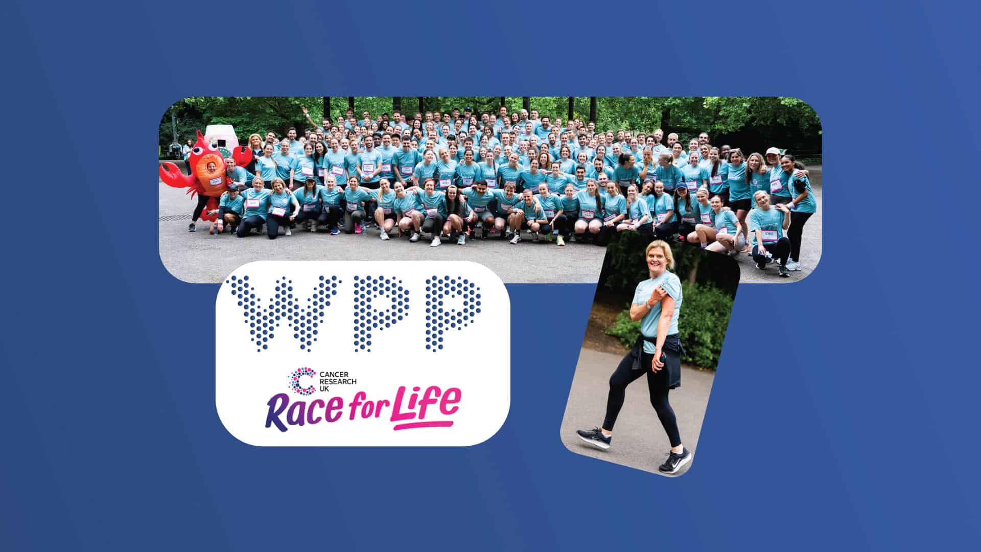 Large group of people in blue shirts at Race for Life charity event.